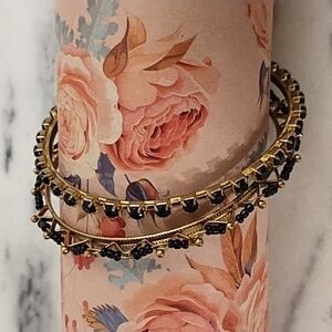Vintage Gold & Black Bangle Bracelets Beads & Faceted Stones 4 Prong Setting.